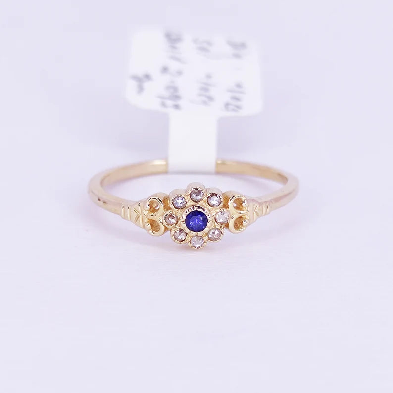 Blue Sapphire Diamond Dainty Engagement Ring 14k Gold Blue Sapphire Rose Cut Diamond Ring