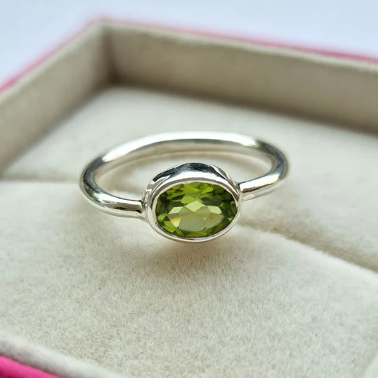 Oval Green Peridot Ring, Natural Citrine Silver Ring, Blue Topaz Gemstone Ring, August Birthday Gift for Her, Green Solitaire Gemstone Ring